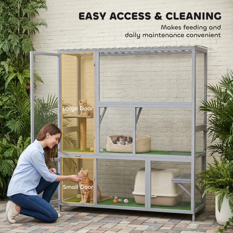 PawHut Catio Outdoor Cat Enclosure, 77" H Wooden Cat House with Weatherproof Roof, Platforms and Scratching Post