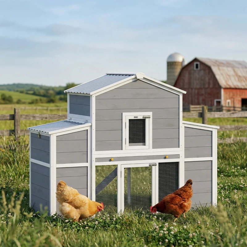 PawHut 66.5" Large Chicken Coop, Wooden Chicken House with 2 Nesting Boxes, Sliding Tray & Ramp, for Outdoor Backyard Farm