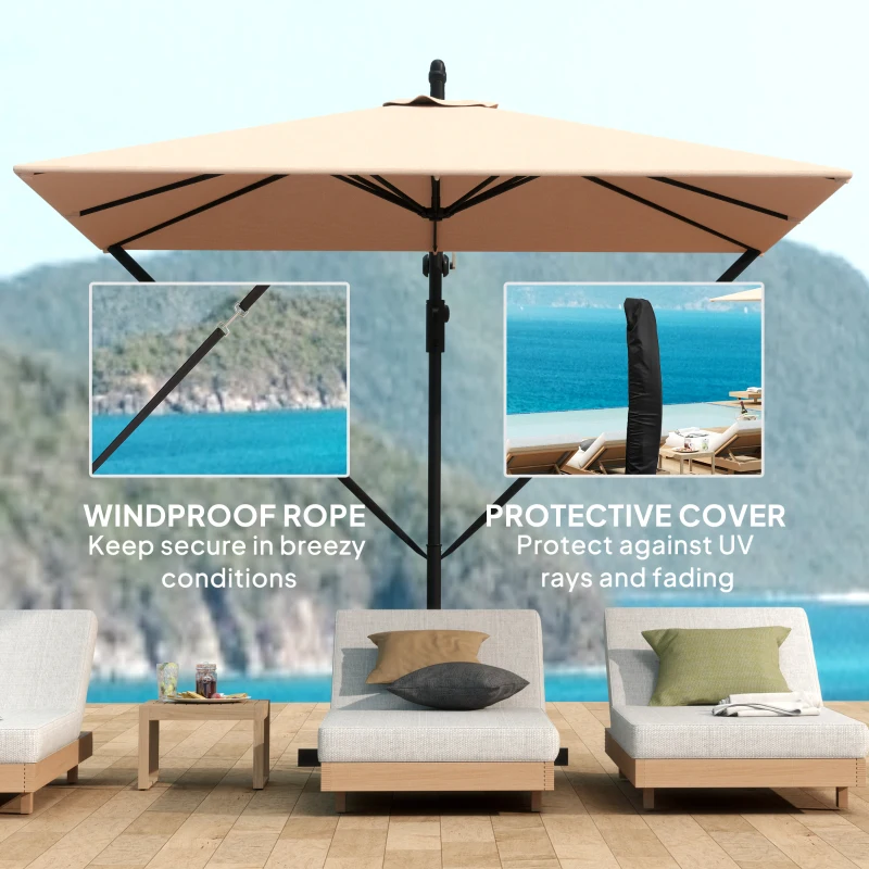 Outsunny Patio Offset Umbrella UPF 50+ UV Protection, Crank Parasol with Base, Cover & Wind Securing, Khaki