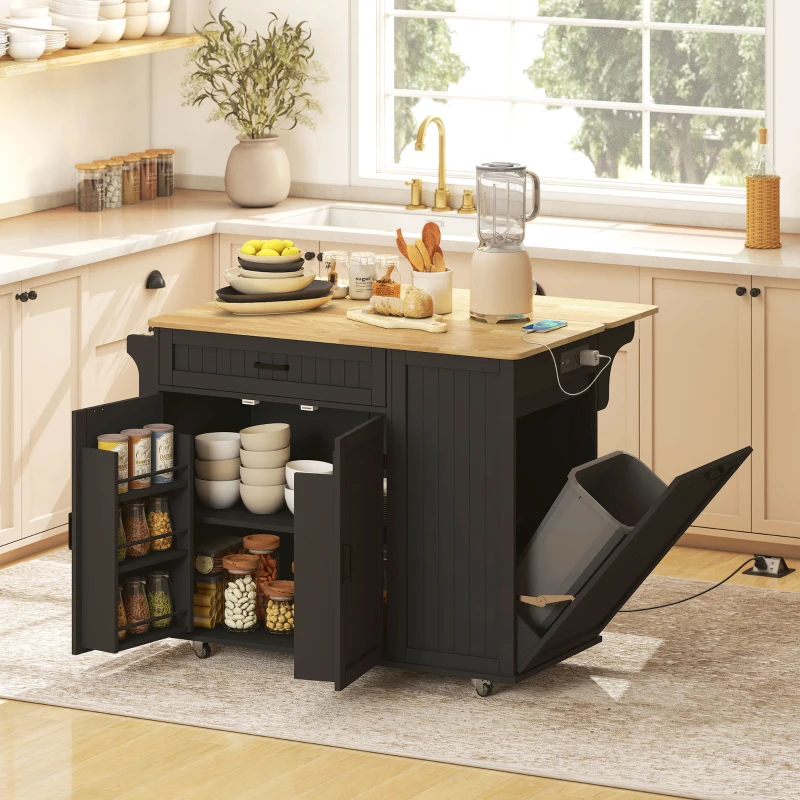HOMCOM Kitchen Island Cart, Portable Kitchen Island Table with Charging Station, Rubber Wood Drop Leaf, Trash Storage, Black