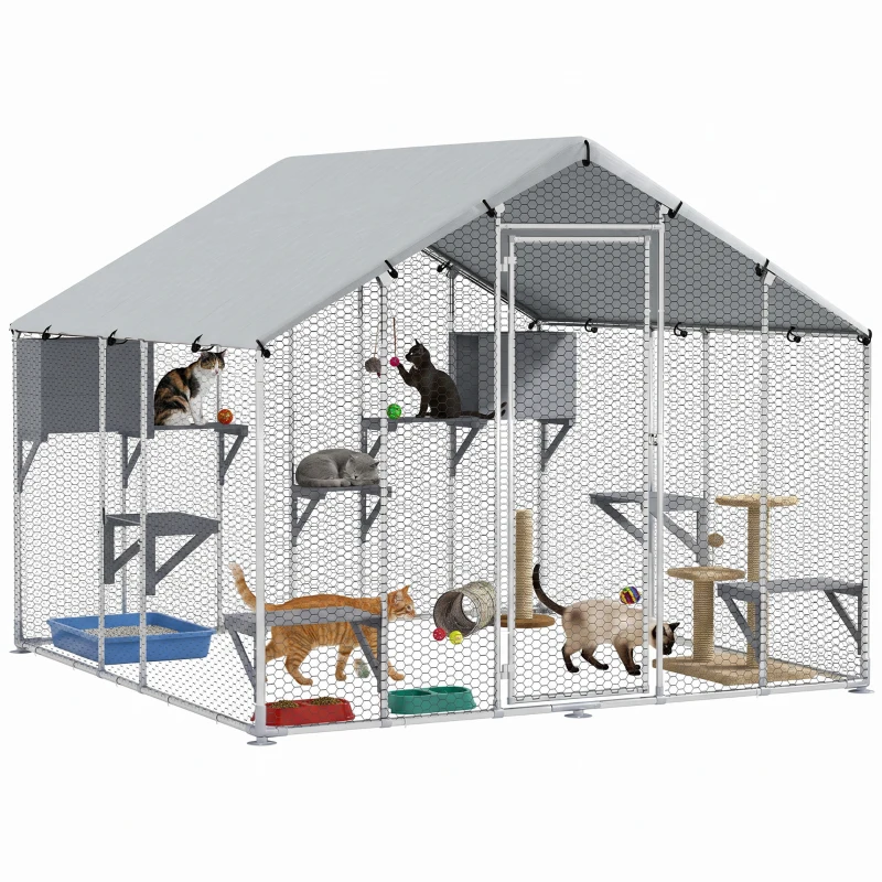 PawHut 94.5" Extra Large Metal Outdoor Catio with Waterproof Cover, 2 Resting Boxes, 7 Platforms, for Multiple Rabbits, Chicken