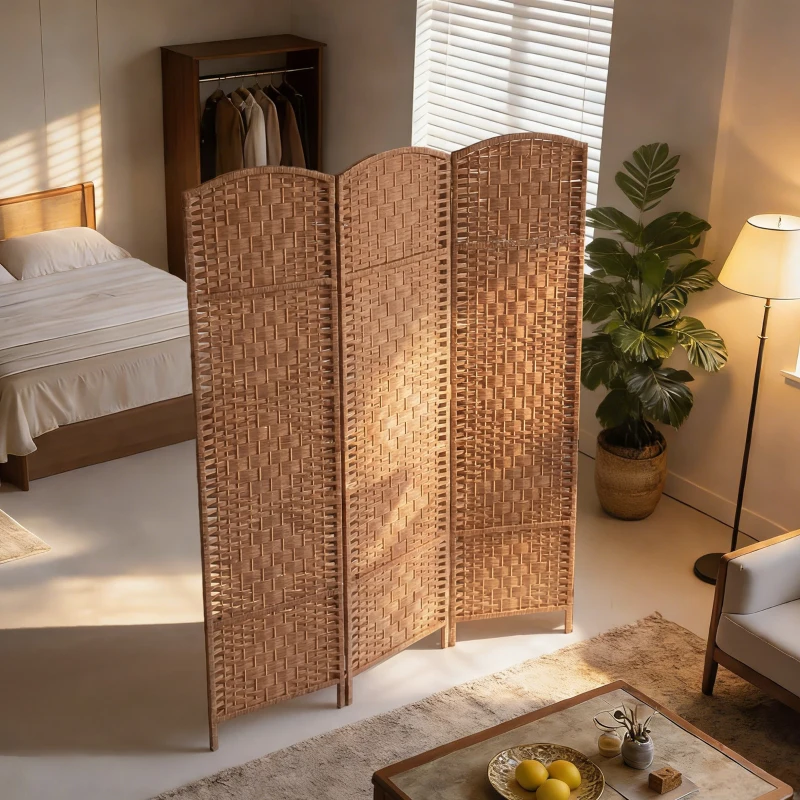 HOMCOM 6ft Folding Room Divider, 3 Panel Wall Partition with Wooden Frame for Bedroom, Home Office, Natural