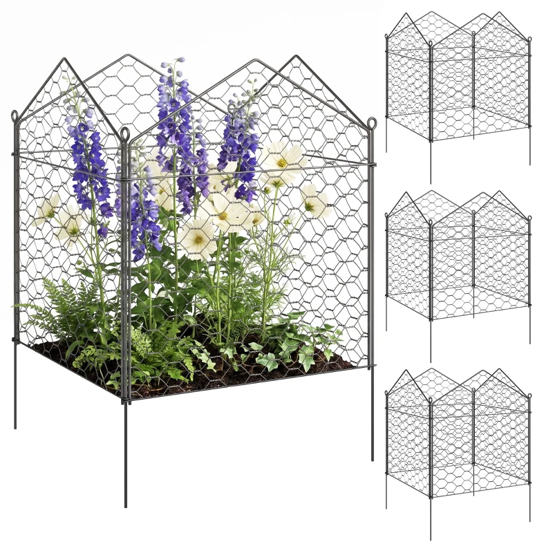 Outsunny 4 Pack Garden Cloches for Plants, 12" x 14" Metal Crop Cage, Plant Cages to Keep Animals Out, Black