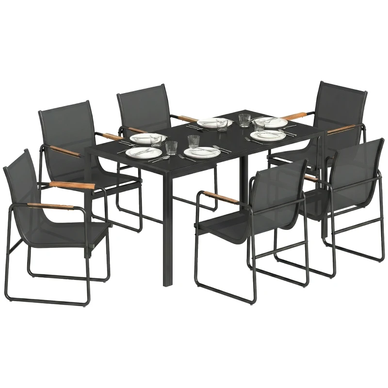 Outsunny 7 Pieces Outdoor Dining Set for 6, Glass Patio Table and Chairs with Decorative Armrests, All Weather Mesh, Black