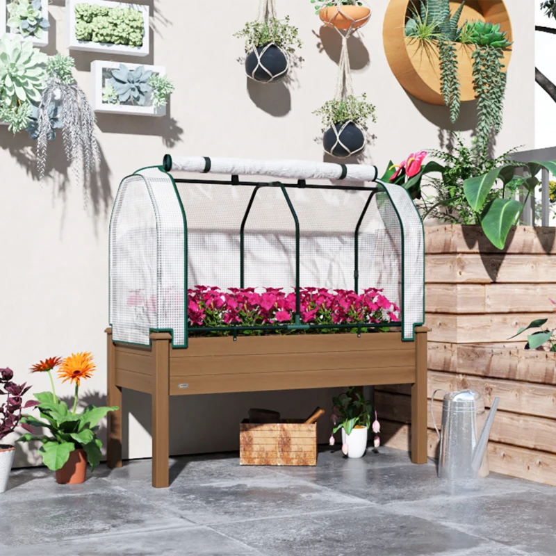 Outsunny Raised Garden Bed with PE Greenhouse Cover Outdoor Elevated Wood Planter Box for Herbs and Vegetables Brown