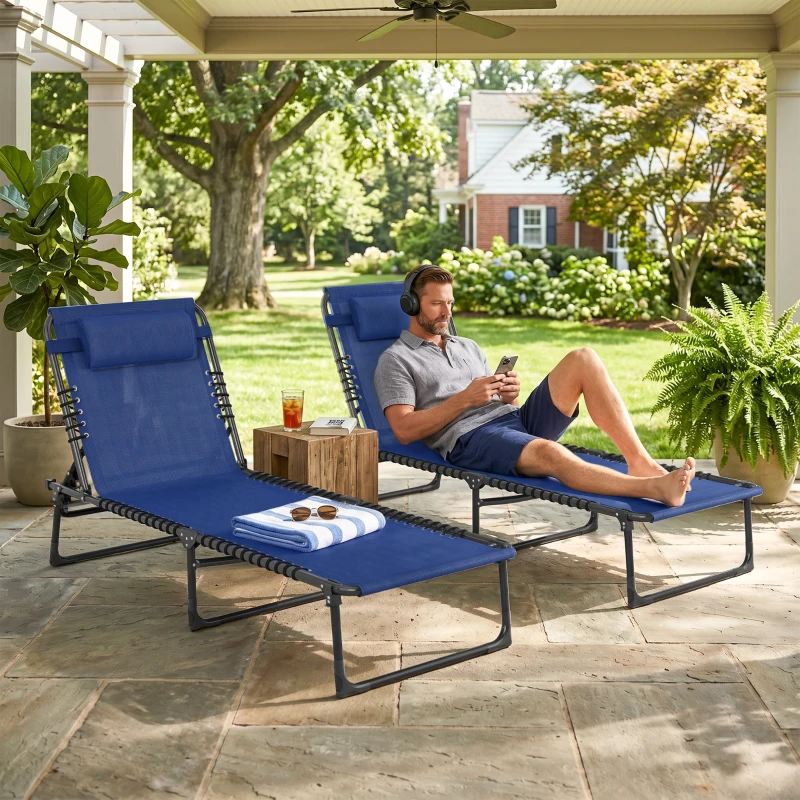 Outsunny 2 Folding Chaise Lounge Pool Chairs with 4-Position Reclining Back, Pillow, Breathable Mesh & Bungee Seat, Blue