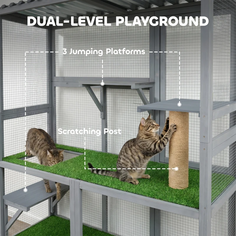 PawHut Catio Outdoor Cat Enclosure, 77" H Wooden Cat House with Weatherproof Roof, Platforms and Scratching Post