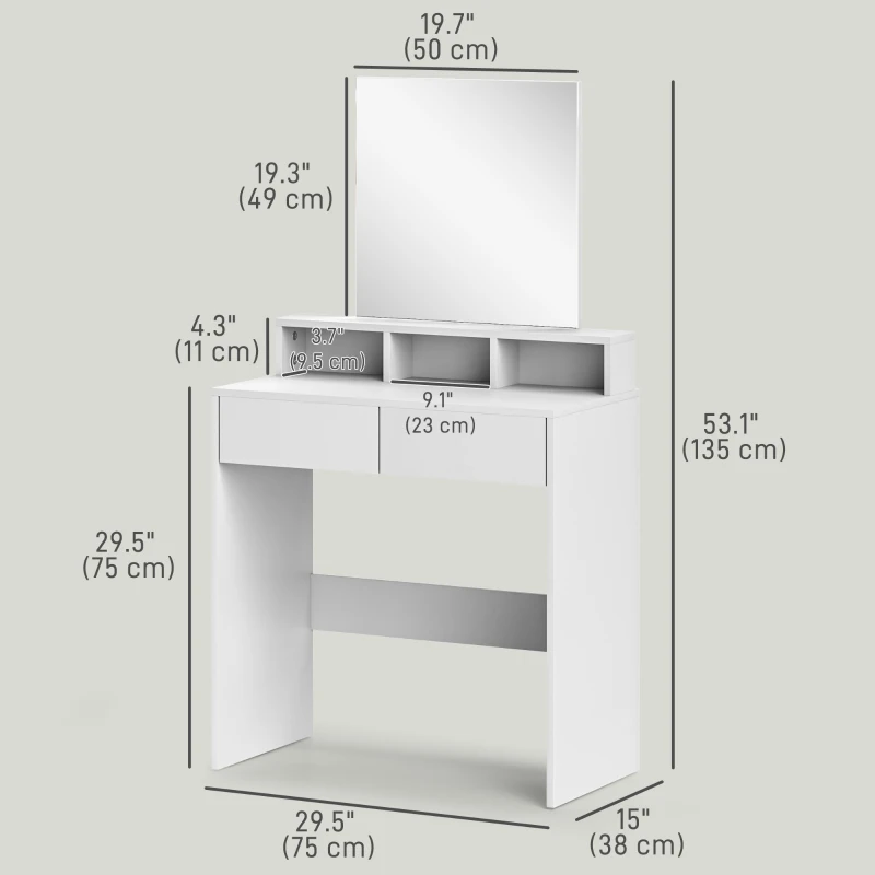 HOMCOM Makeup Vanity Desk with Mirror, for Bedroom, Modern Dressing Table with Drawers, Compartments, White