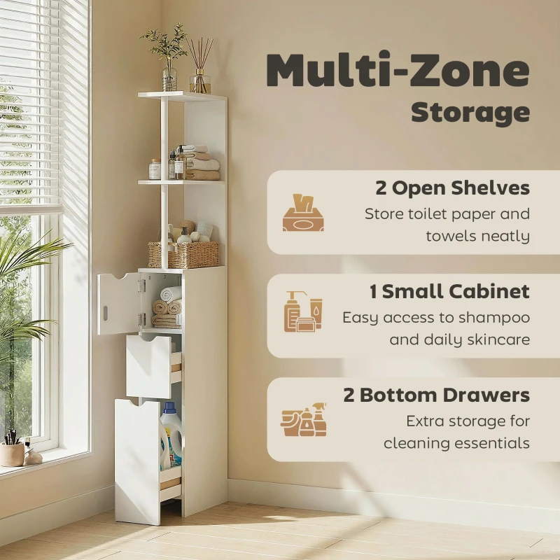 HOMCOM Tall Bathroom Storage Cabinet, Narrow Bathroom Cabinet with Drawers and Open Shelves for Small Spaces, White