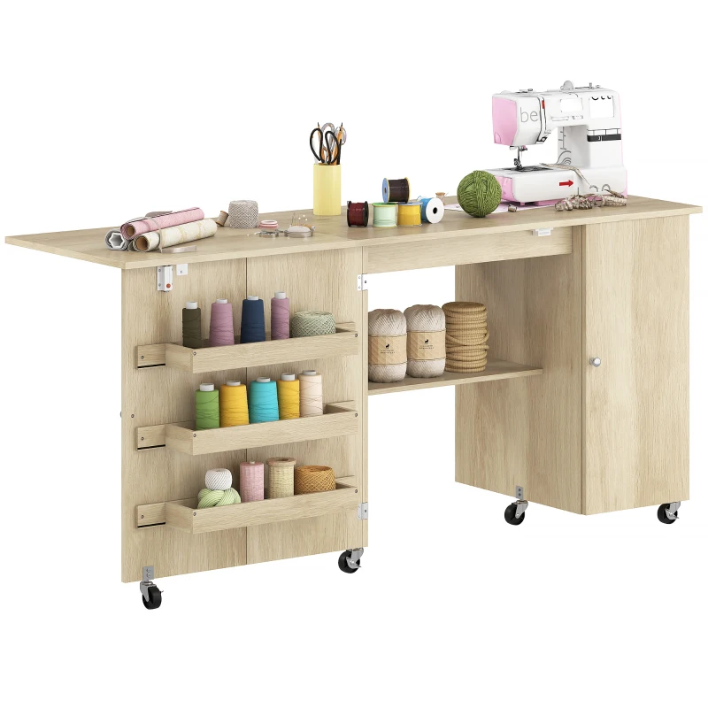 HOMCOM Sewing Machine Table with Drop Leaf, Folding Craft Table with 2 Doors and Adjustable Shelf for Small Spaces, Natural