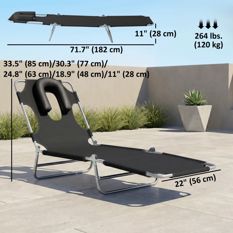 Outsunny Folding Lounge Chair Outdoor, Tanning Chair with Face Hole Arm Slots, Beach Chaise Lounger with Pillow, 5-Position Adjustable Portable Sun Lounger Bed for Pool, Black