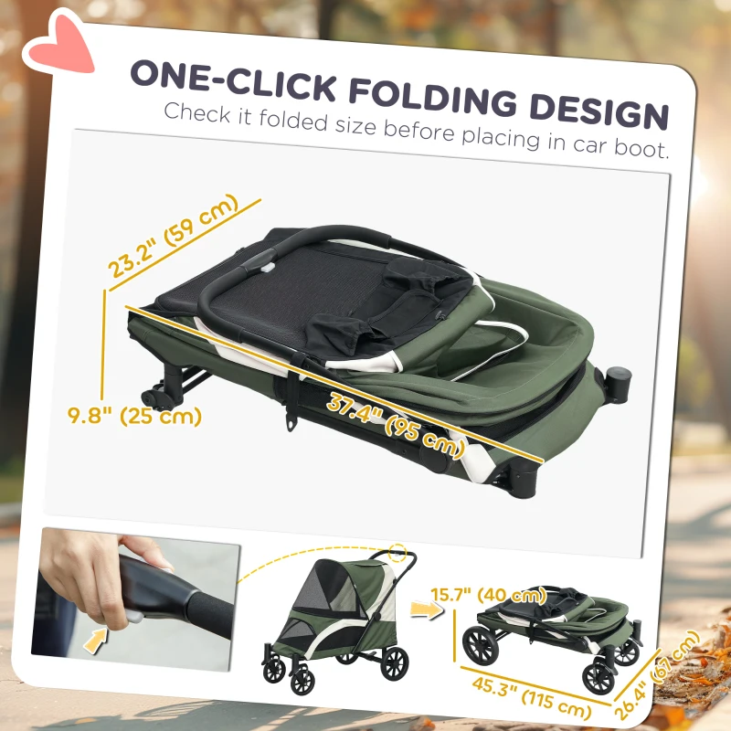 PawHut Foldable Pet Stroller for Medium Dogs with Four Big Wheels, Shock-Absorbing Frame, Safety Leashes, Brakes, Dark Green