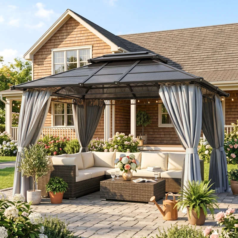 Outsunny 10' x 12' Outdoor Hardtop Gazebo Canopy w/ Double PC Roof, Steel Frame, Nettings, Curtains for Garden Lawn Deck, Grey