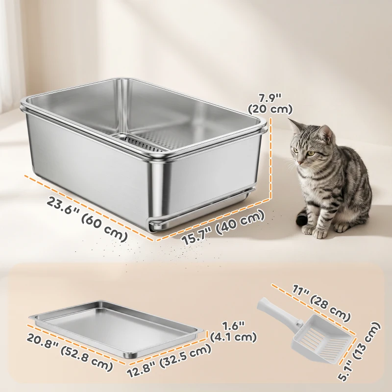 PawHut Stainless Steel Litter Box, XL Sifting Cat Litter Box for Medium and Large Cat, Non-Sticky, Odour Free, Easy Clean