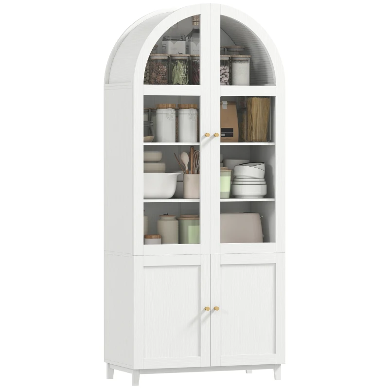 HOMCOM Arched Kitchen Pantry Cabinet, 71" Tall Farmhouse Kitchen Storage Cabinet with Acrylic Glass Doors, White