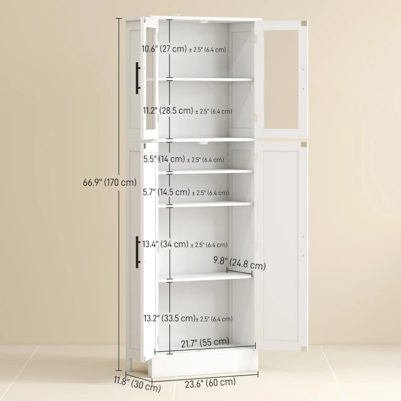 HOMCOM Tall Bathroom Cabinet with Glass Doors, Space-Saving Unit with Adjustable Shelves, Freestanding Storage, White