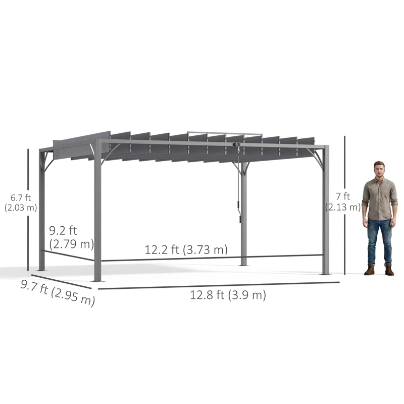 Outsunny 12.8' x 9.7' Outdoor Pergola with Retractable Roof, Aluminium Louvered Pergola Canopy Gazebo for Lawn Garden Patio, Grey
