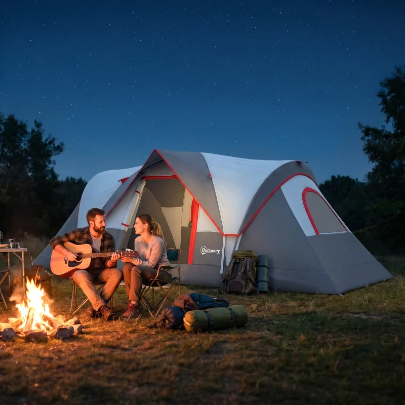 Outsunny 5 Person Family Tent, Outdoor Camping Tent with Lighting Hook, Carrying Bag for Camping, Hiking and Travelling, Grey