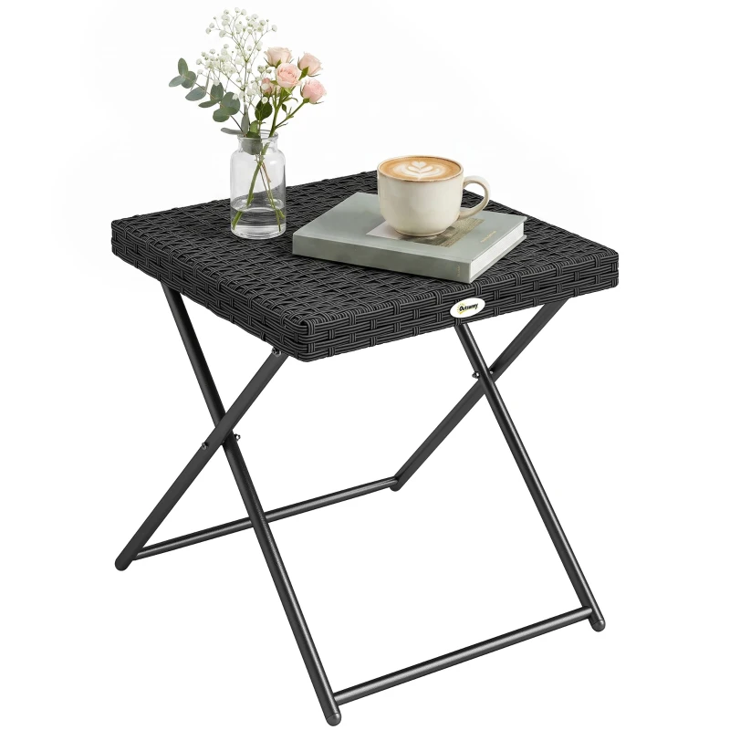 Outsunny Patio Wicker Coffee Table, Outdoor PE Rattan Garden Folding Side Table, 15.75"x15.75"x15.75", Black