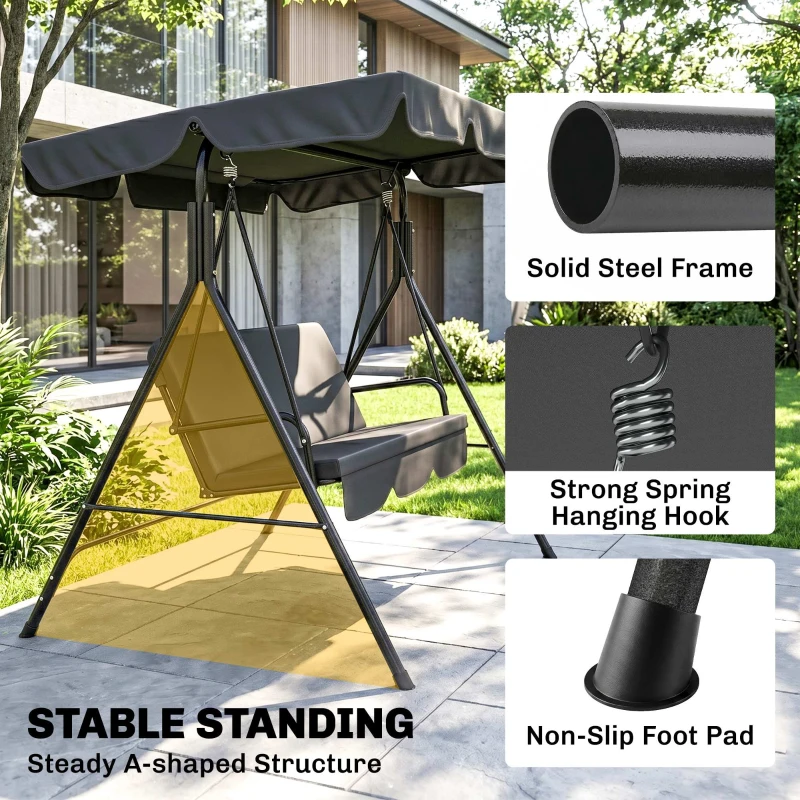 Outsunny 3-Seater Outdoor Porch Swing with Adjustable Canopy, Patio Swing Chair for Garden, Poolside, Backyard, Black
