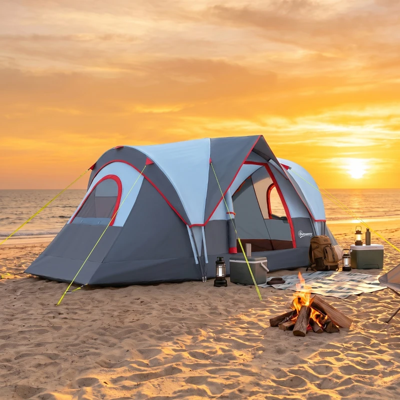 Outsunny 5 Person Family Tent, Outdoor Camping Tent with Lighting Hook, Carrying Bag for Camping, Hiking and Travelling, Grey