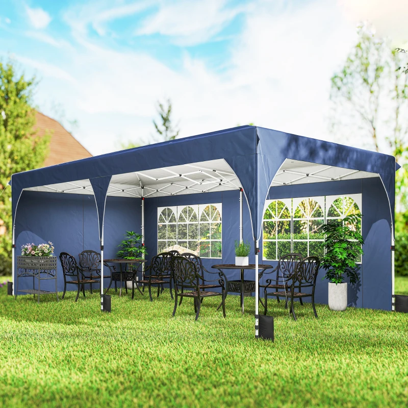 Outsunny 10 x 20 ft Pop Up Canopy Tent with Reflective Strips, UPF 50+ Easy up Instant Canopy with 6 Sandbags, Dark Blue