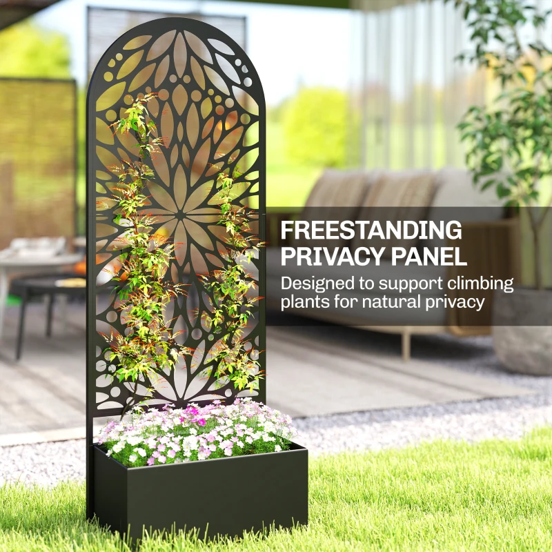 Outsunny Metal Raised Garden Bed with Trellis for Climbing Plants, Freestanding or Wall Mounted Flower Bed with Privacy Panel