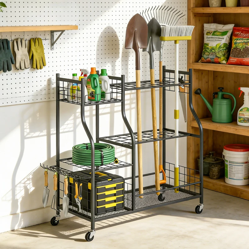 Outsunny Garden Tool Organizer for Garage, 3-Tier Yard Tool Storage Rack with 32 Slots, 4 Wheels and 11 Hooks