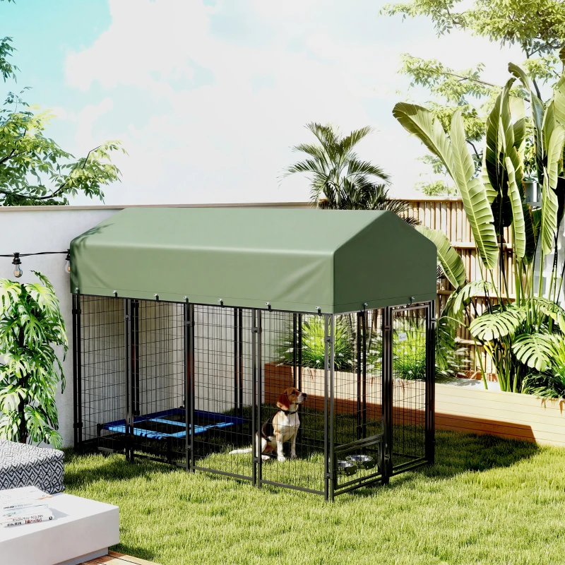 PawHut 8' x 4' x 6' Outdoor Dog Kennel, Dog Kennel Outside Run with 360° Rotating Bowls, Waterproof & UV Resistant Cover Green