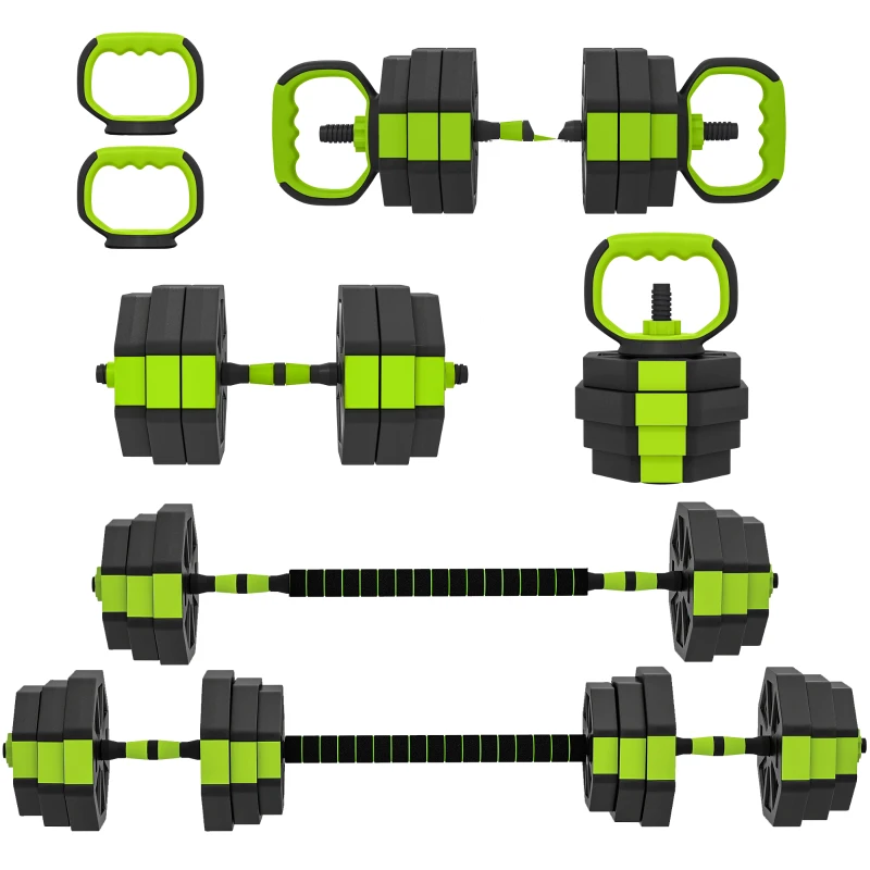Soozier 6-in-1 Adjustable Dumbbell Set, Used as Kettlebell, Barbell, Dumbbell, Push-Up Stand, 55lbs Free Weights Set, Green