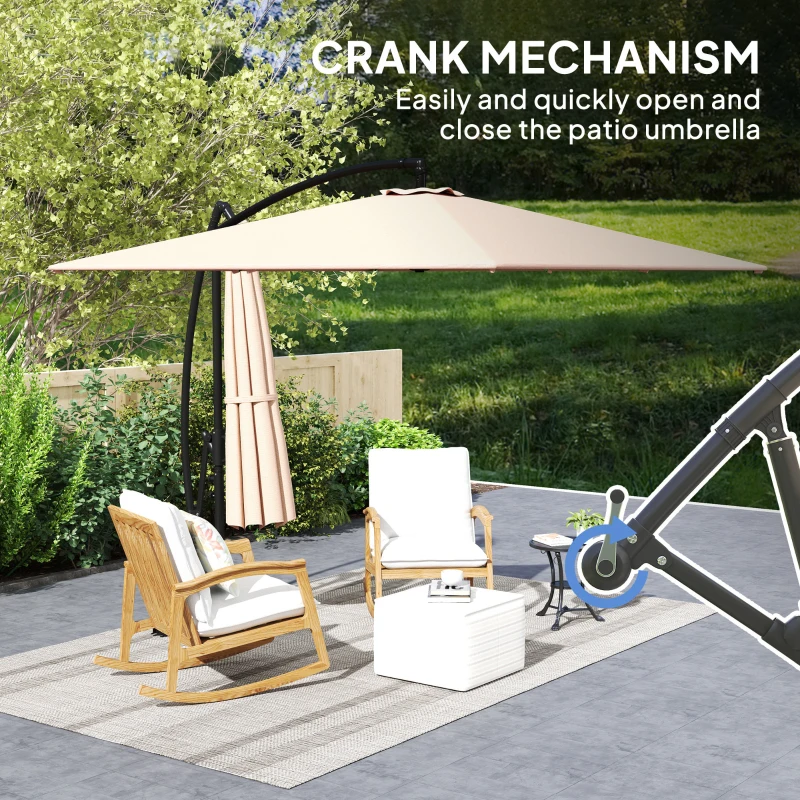 Outsunny Patio Offset Umbrella UPF 50+ UV Protection, Crank Parasol with Base, Cover & Wind Securing, Khaki
