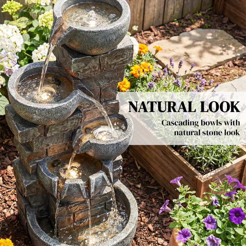Outsunny Outdoor 31.5" Tall Water Fountain with LED Lights, 5 Tiers Cascading Water Feature for Garden Patio Home Decor, Grey