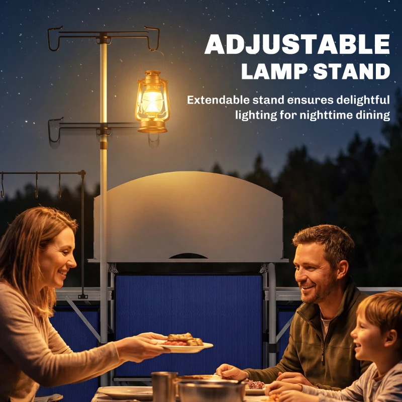 Outsunny Aluminum Camping Kitchen, Portable Folding Camping Table with Fabric Cupboards, Windshield, Bag for BBQ, Picnic, Blue