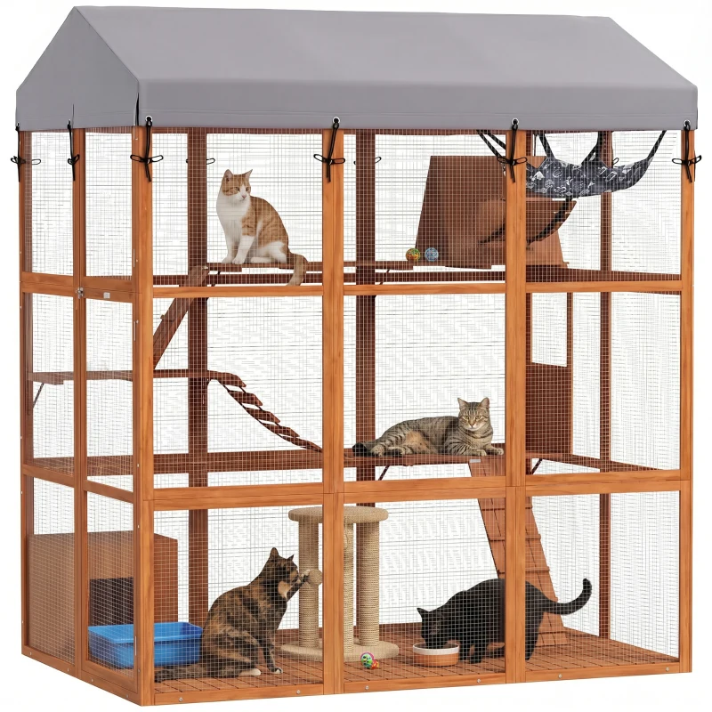 PawHut 81"H Catio Outdoor with Floor to Prevent Escaping & Easy Cleaning, for 2-4 Cats Kittens, Orange