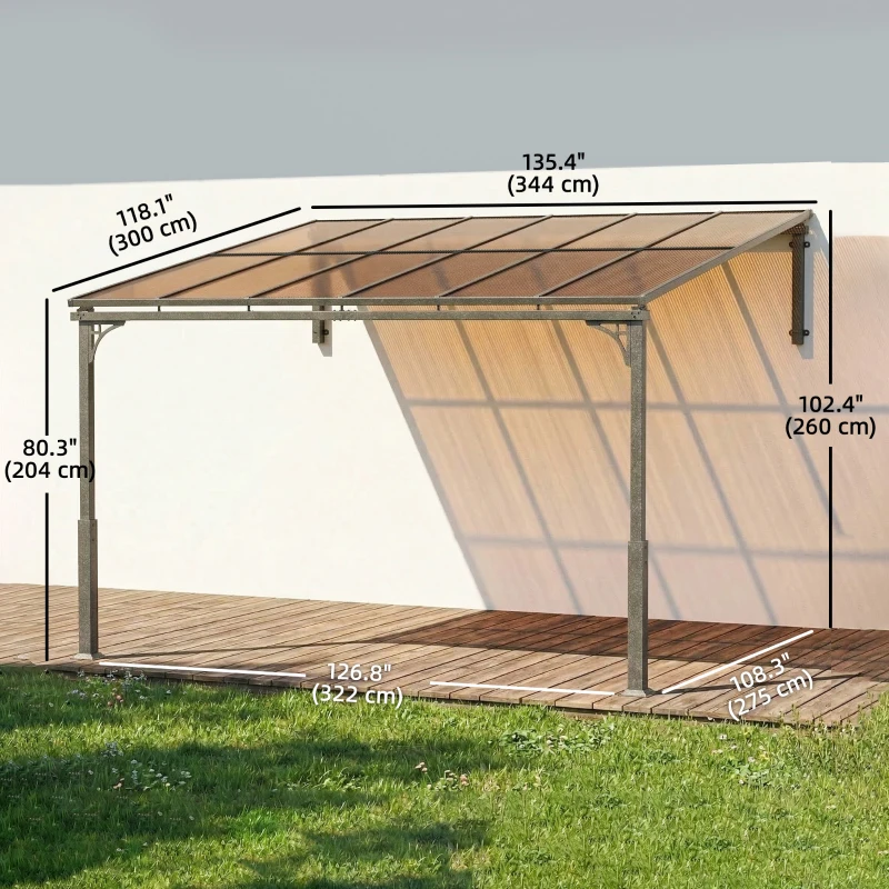 Outsunny 11' x 10' Outdoor Pergola, Wall Mounted Hardtop Lean-to Gazebo with Polycarbonate Roof and Metal-Aluminium Frame