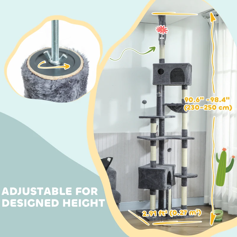 PawHut 91"-98" Floor to Ceiling Cat Tree with 2 Condos, Hammock and Sisal Scratching Posts, for Indoor, Dark Grey