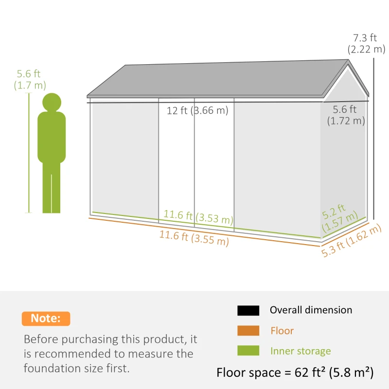 Outsunny 12' x 5.5' Metal Garden Storage Shed, Outdoor Tool Storage House with Lockable Door, Vents, Sloped Roof, Light Grey