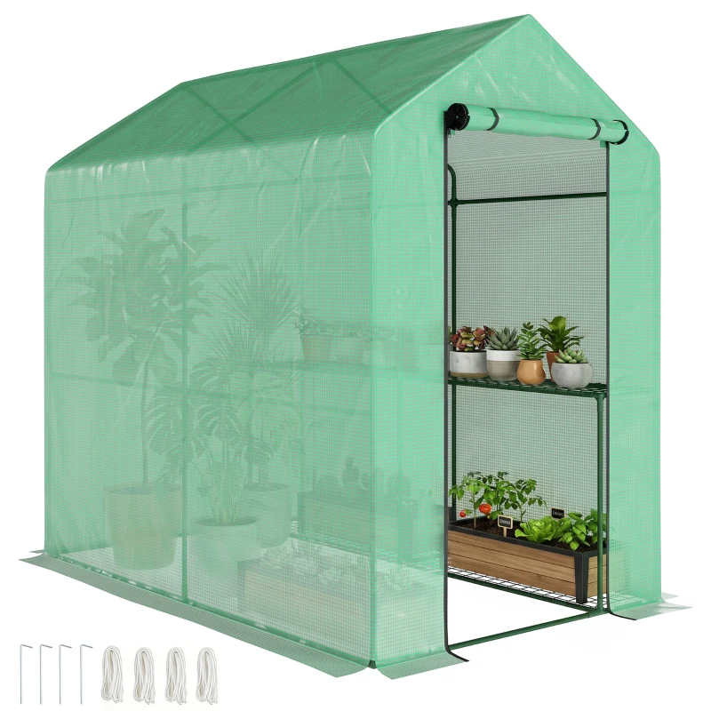 Outsunny Walk-in Greenhouse Outdoor Portable Plant Flower Growth Warm House with Roll-up Door, 73" x 47" x 75", Green