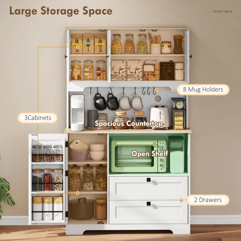 HOMCOM Kitchen Pantry Cabinet, 64" Tall Kitchen Hutch with 3 Cabinets, 2 Drawers, Adjustable Shelves, Microwave Stand, White
