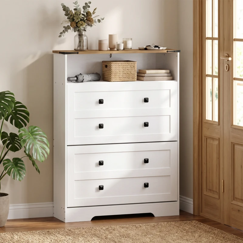 HOMCOM Shoe Cabinet with 2 Flip Drawers, Narrow Shoe Storage Cabinet, White
