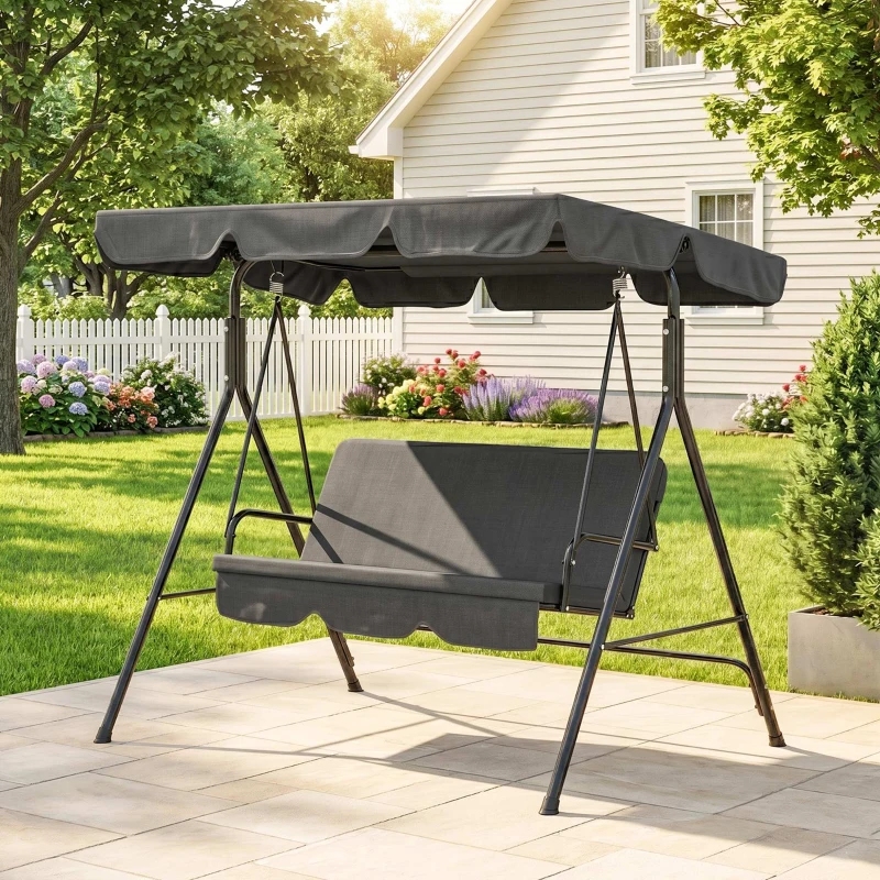 Outsunny 3-Seater Outdoor Porch Swing with Adjustable Canopy, Patio Swing Chair for Garden, Poolside, Backyard, Black