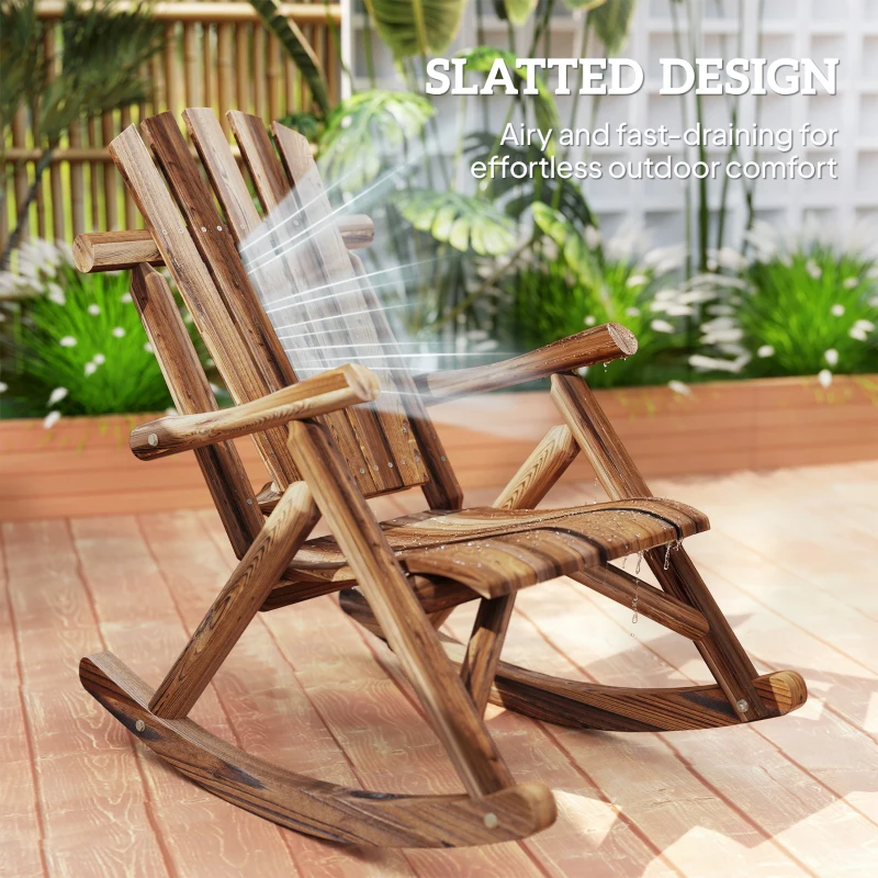 Outsunny Outdoor Wooden Rocking Chair, Single-Person Adirondack Rocking Patio Chair with Rustic High Back, Slatted Seat and Backrest for Indoor, Backyard, Garden, Carbonized
