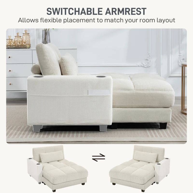 HOMCOM 58" Chaise Lounge Indoor, Oversized Corduroy Sofa Bed with 2 Cup Holders, Pillow, Deep Seat Sleeper Couch, Cream White
