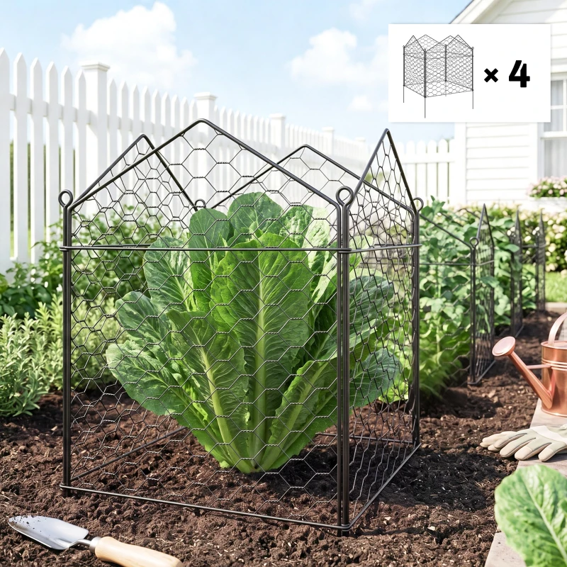 Outsunny 4 Pack Garden Cloches for Plants, 12" x 14" Metal Crop Cage Set, Plant Cages to Keep Animals Out, Black