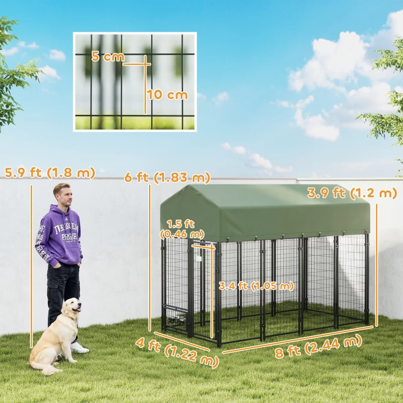 PawHut 8' x 4' x 6' Outdoor Dog Kennel, Dog Kennel Outside Run with 360° Rotating Bowls, Waterproof & UV Resistant Cover Green