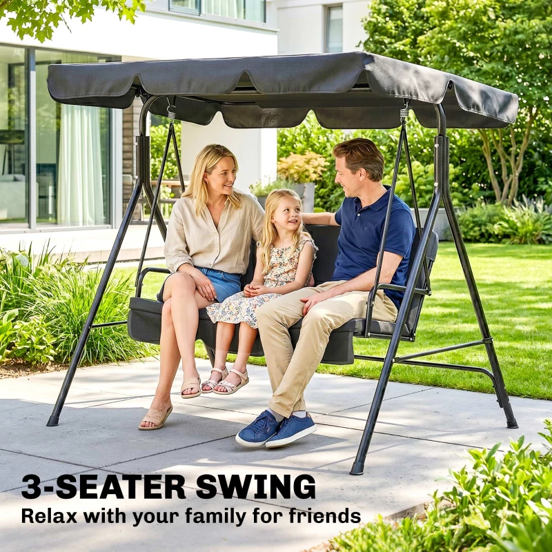 Outsunny 3-Seater Outdoor Porch Swing with Adjustable Canopy, Patio Swing Chair for Garden, Poolside, Backyard, Black