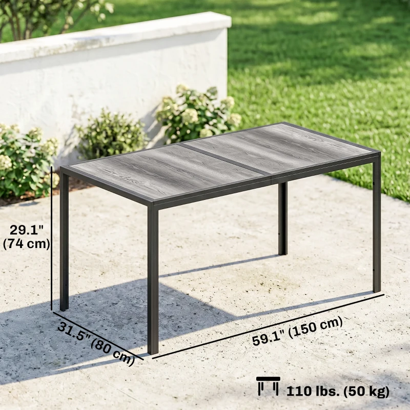 Outsunny Outdoor Dining Table for 4-6, 59" Outdoor Patio Table with Metal Legs, Wood-Effect Top, Grey
