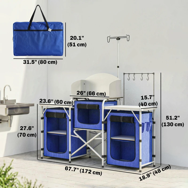 Outsunny Aluminum Camping Kitchen, Portable Folding Camping Table with Fabric Cupboards, Windshield, Bag for BBQ, Picnic, Blue