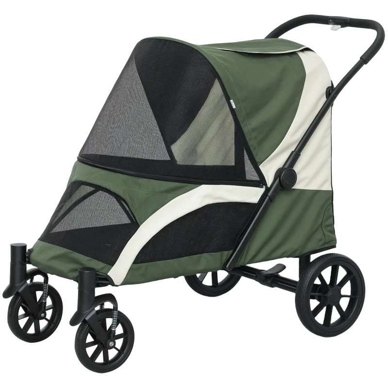 PawHut Foldable Pet Stroller for Medium Dogs with Four Big Wheels, Shock-Absorbing Frame, Safety Leashes, Brakes, Dark Green