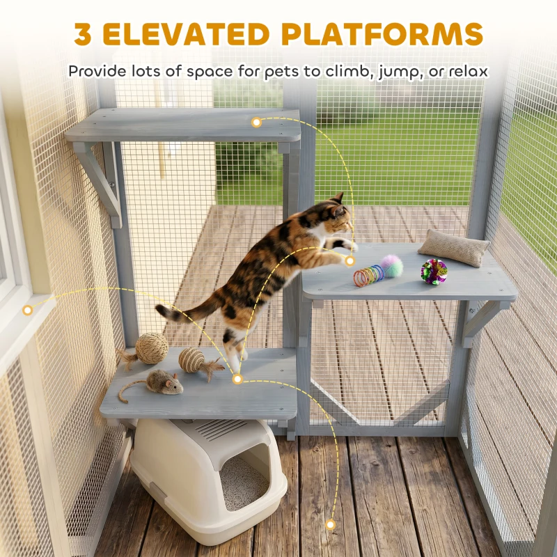 PawHut 44.1" H Cat Cage, Indoor Outdoor Wooden Enclosure Pet House, Small Animal Cage Hutch, Suitable for Rabbit, Dogs, Kitten, Crate Kennel with Waterproof Roof, Multi-Level Platforms, Lock, Grey